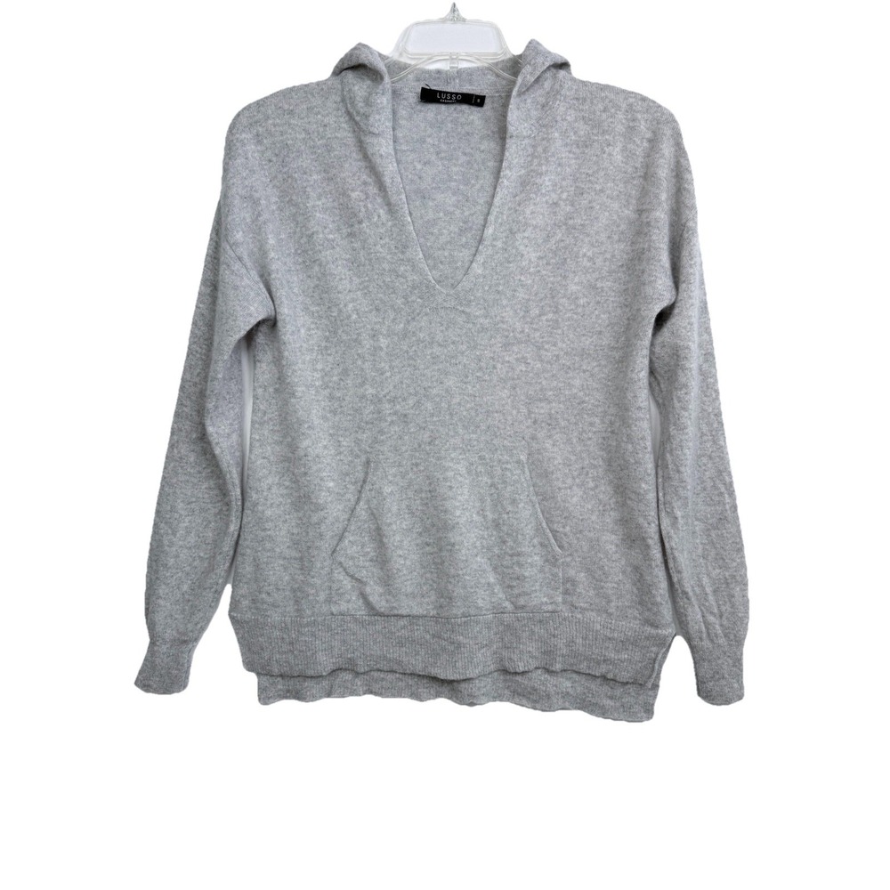Lusso Cashmere Chloe Gray 100% Cashmere V‎ Neck Hooded Sweater Small